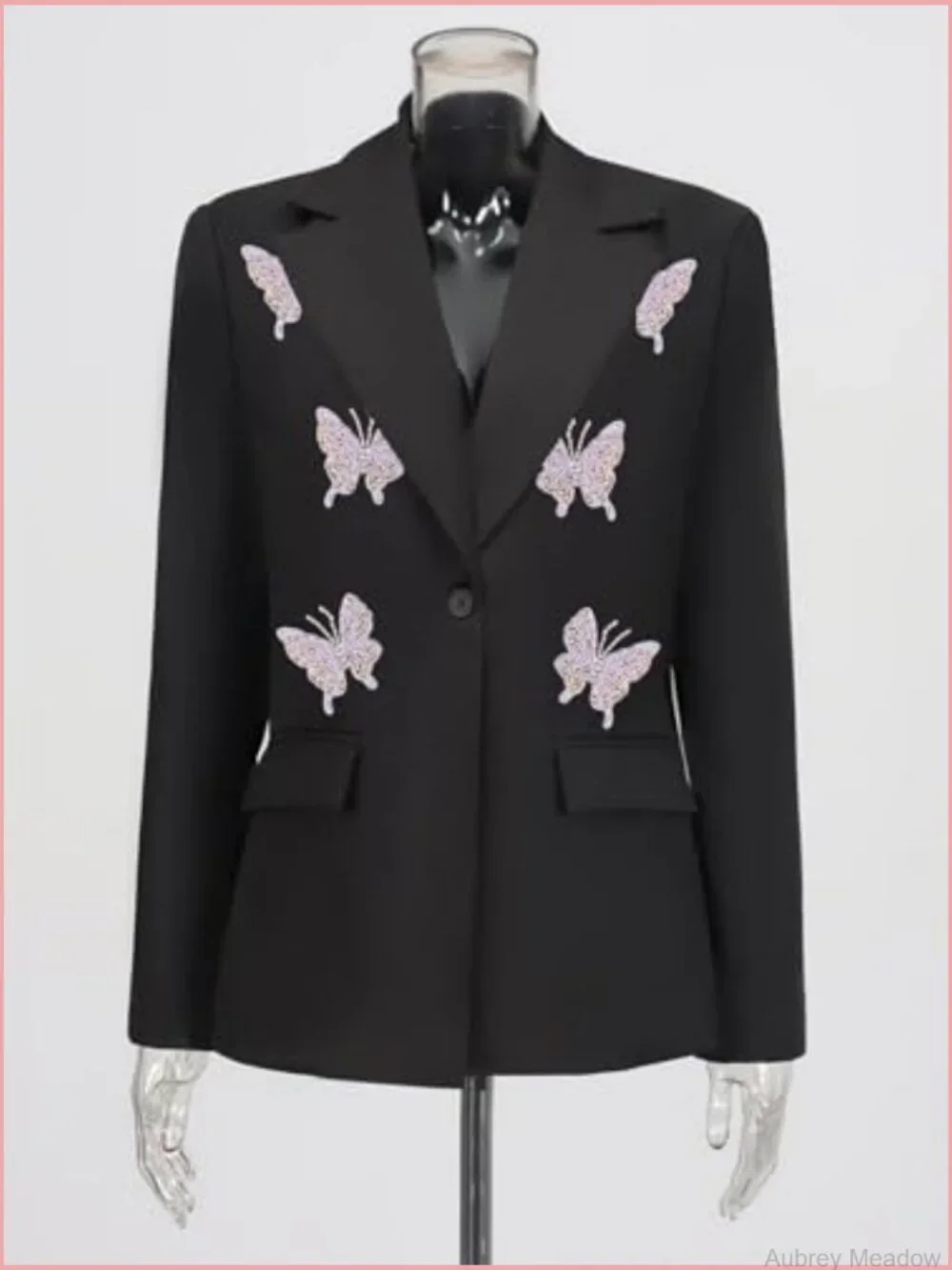 3D Butterfly Stones Beaded Blazer Long Sleeve Lapel Pockets Dressy Suit Jacket